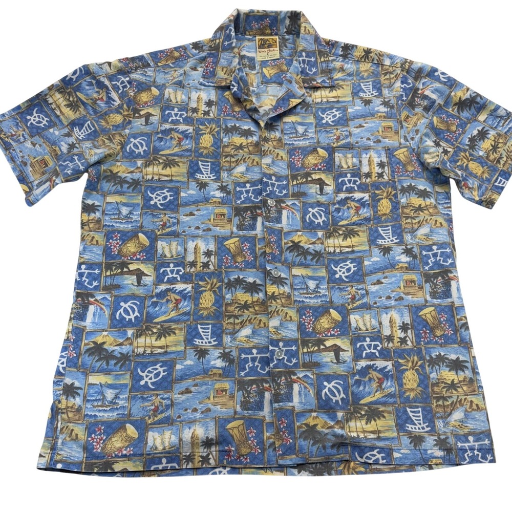 Winnie Fashion Shirt Men L Blue Hawaiian Scenic Print Surfer Cotton Blend Hawaii
